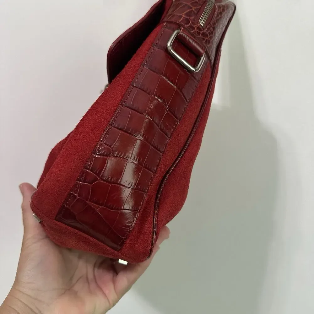 Levenger Suede Leather Shoulder Bag Tote Buckle Red Square Holiday Top Zip Purse